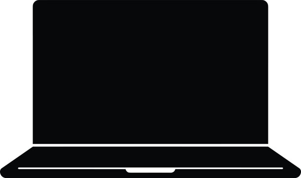 Minimal vector silhouette, modern laptop open front view, thin screen and keyboard base, solid black, isolated on white background.