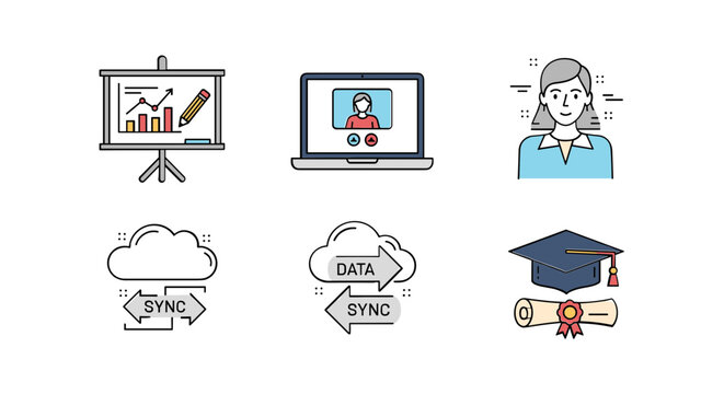 Education icons set with graduation cap and laptop.