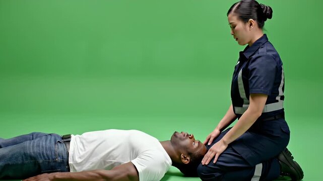 Paramedic Performs Neck Stabilization on Unconscious Patient Lying on Green Screen Background
