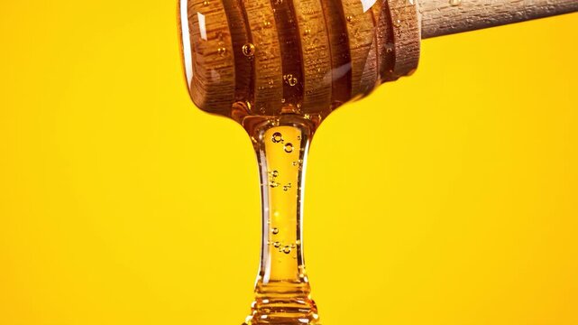 Slow motion close-up of golden honey dripping from wooden dipper in warm sunlight