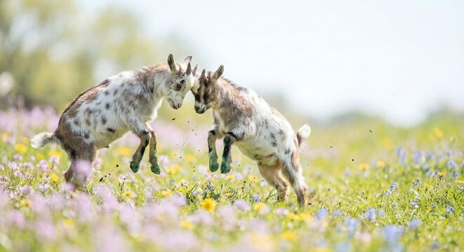 Two goats butting heads on flower farm