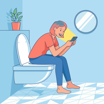 This humorous illustration depicts a relaxed character sitting on a toilet, joyfully engaging with a smartphone while creating a light-hearted atmosphere surrounding everyday life activities.