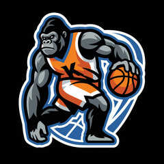 Naklejka premium An energetic illustration of a gorilla playing basketball, showcasing strength and determination, ideal for sports-related themes and gearing.