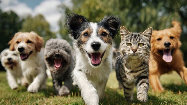 A group of happy dogs and a cat running together in a grassy field on a sunny day