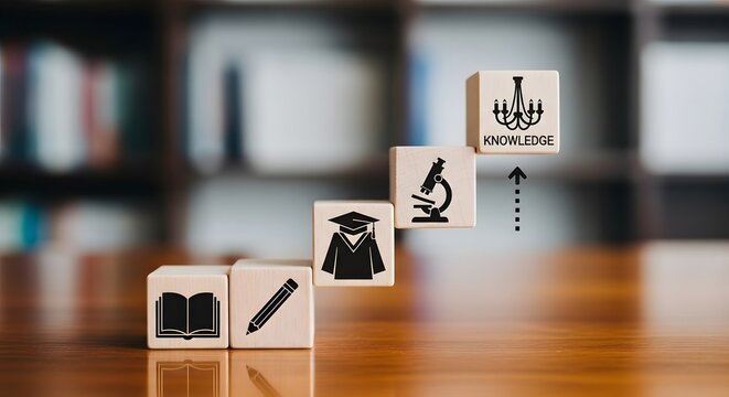 Blocks with education symbols rising to knowledge on a wooden desk in a library