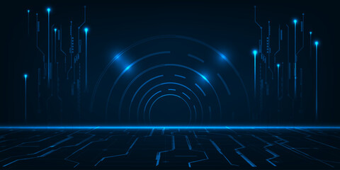 Vector illustration of hi tech circle tunnel with perspective floor of  digital circuit for display,layout and showcase.Futuristic technology concept. © Alleachday