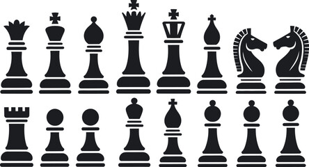 Black and white chess pieces arranged in two rows on white background for strategy, game, and competition concept © Well Done