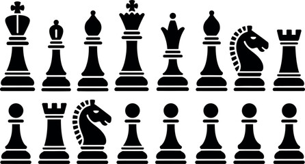 Black and white chess pieces arranged in two rows on white background for strategy, game, and competition concept © Well Done