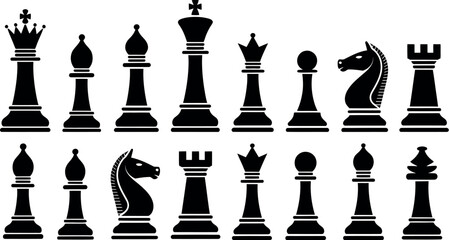Black and white chess pieces arranged in two rows on white background for strategy, game, and competition concept © Well Done