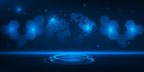 Vector illustration of hi tech globe floating on glowing skyline with neon blue podium on perspective grid floor. © Alleachday