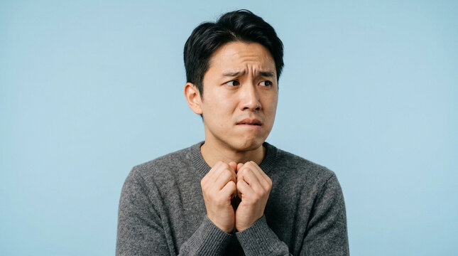 Asian man anxious worried nervous isolated portrait against blue background
