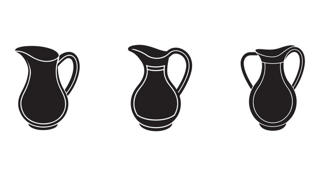 Black and white illustrations of jugs with handles in different shapes and sizes on white background  vector graphics