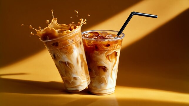 Two clear plastic cups of iced coffee with milk and ice, one splashing, set against a vibrant yellow background with dramatic lighting