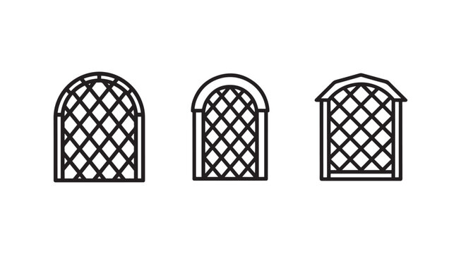 Black and white illustrations of three different arched and gabled trellises for climbing plants  decorative garden fences and gates