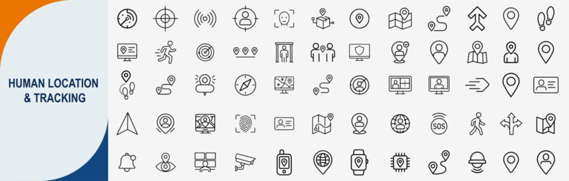 Human location and gps tracking navigation outline icons set, vector