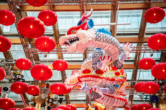 Dragon decorated with red lattern in the Chinese New Year festival.