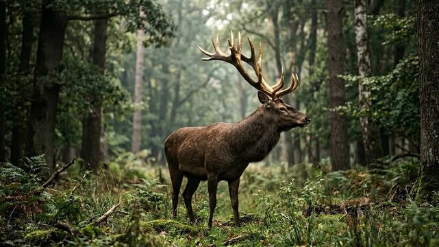 Majestic red deer stag with large antlers in a misty forest