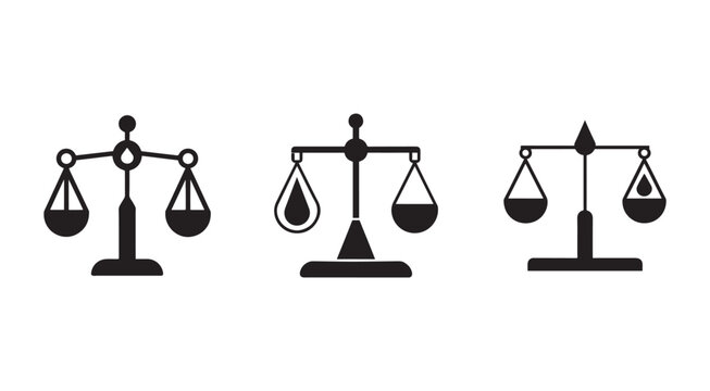 Black silhouette balance scales icons set with different positions of pans and counterweights  various balance scales in black on white background