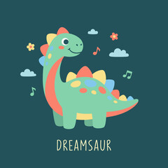 Obraz premium A delightful cartoon dinosaur character known as DreamSaur, adorned with colorful spikes and surrounded by cheerful clouds, flowers, and musical notes, perfect for children's themes.