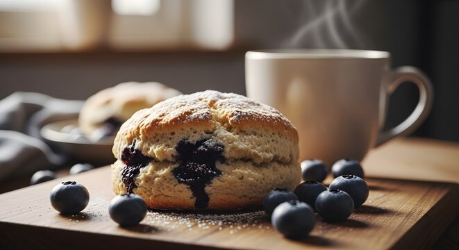 Fresh blueberry scones steaming hot coffee  cozy breakfast scene wooden table

