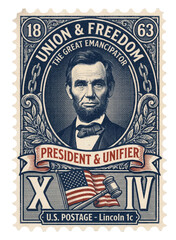 Obraz premium Vintage USA patriotic stamp art with Abraham Lincoln for America Independence Day and 4th of July celebration featuring Great Emancipator portrait and historical Civil War union and freedom engraving