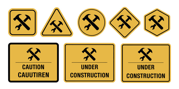 Under construction and road works sign icon set with caution symbols in black and yellow vector illustration