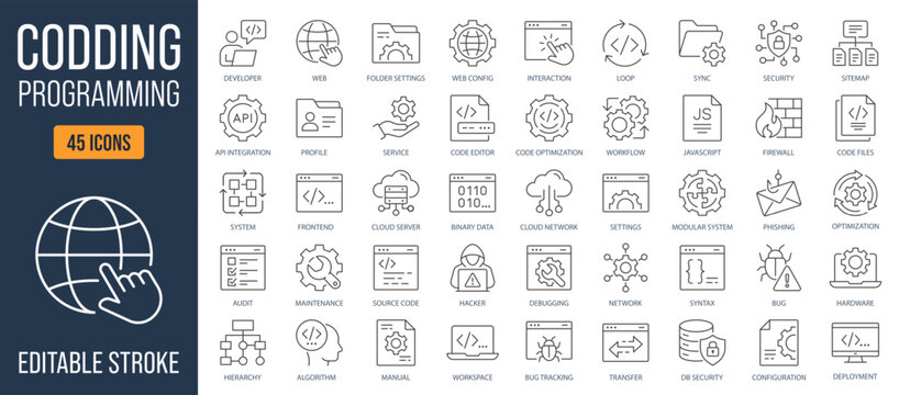Coding and programming icons, such as developer, web, API integration, code editor and more. Editable stroke.