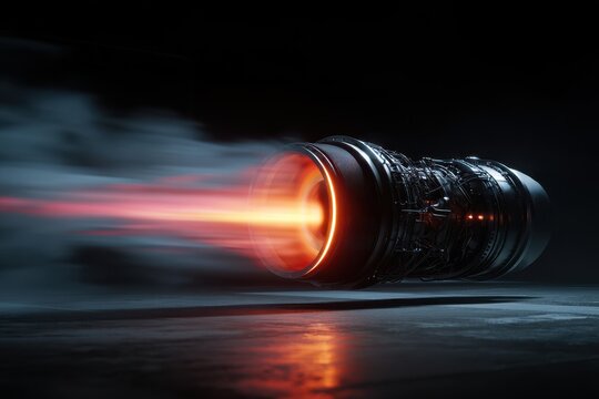 High-tech jet engine propulsion with glowing orange exhaust