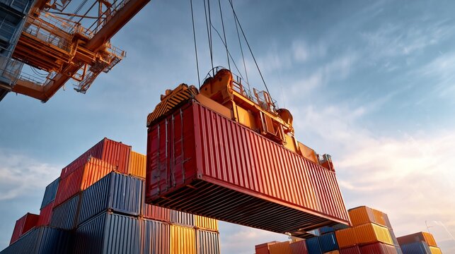Large red shipping container being lifted by crane at a busy port with stacks of colorful containers and a clear blue sky in the background