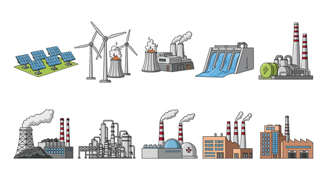 Illustration of various power generation facilities including wind solar and thermal plants