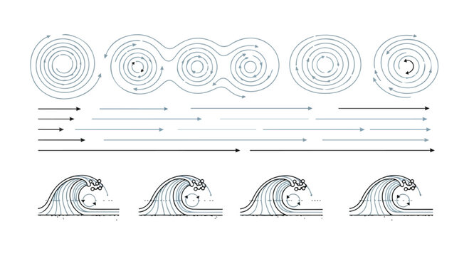 Scientific fluid dynamics diagrams, ocean wave motion and air current vortex vectors, atmospheric wind flow patterns for educational physics