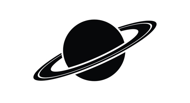 A simple black silhouette of saturn with its prominent rings against a white background