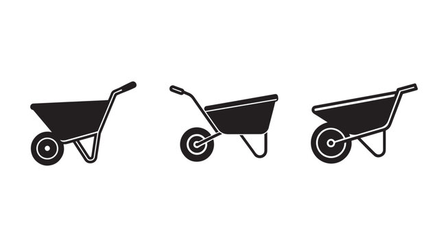 Black wheelbarrow icons in different positions on white background  construction tools