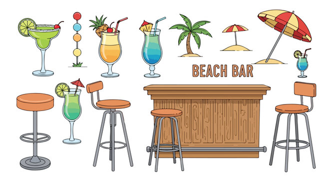 Tropical beach bar vector set, summer cocktail illustrations with wooden bar counter and stools, exotic vacation party icons with palm tree