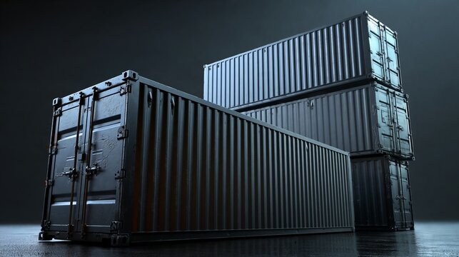 Three stacked shipping containers in dark colors, showcasing industrial design with a focus on metal textures and structural details against a gradient background