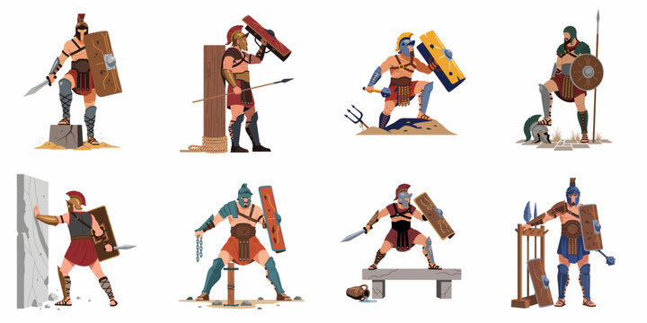 A collection of eight ancient Roman gladiator character illustrations in various combat and training poses, isolated on a white background.