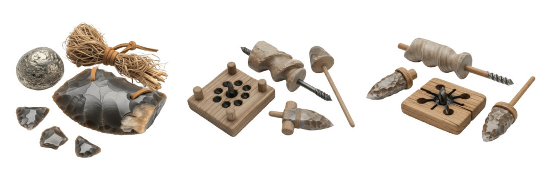 Set and collection of prehistoric flint tools and ancient fire making drill kit isolated on white transparent PNG background
