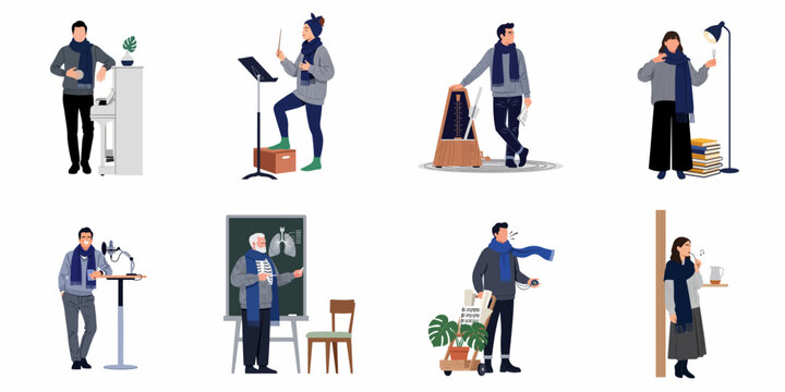 A diverse set of characters engaged in various vocal exercises, musical training, and singing practice sessions, isolated on a white background.