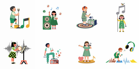 Fototapeta premium Set of cute cartoon children singing and playing various musical instruments, vector illustration collection isolated on white background.