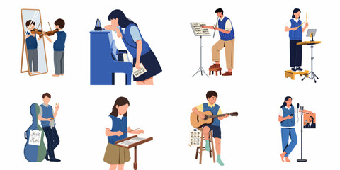Fototapeta premium Set of illustrations featuring students practicing musical instruments like violin, piano, flute, guitar, and singing, highlighting music education and dedication.