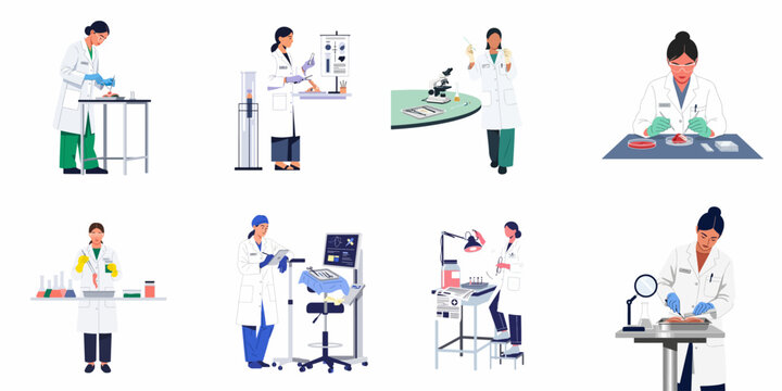 Collection of flat illustrations showing female scientists and medical professionals performing various laboratory tasks, clinical research, and medical procedures in a lab setting.