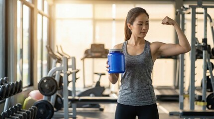 Fototapeta premium Asian woman athlete flexing her arm muscle while holding a container of protein powder in the gym. Strength training and bodybuilding nutrition concept for healthy lifestyle routine.