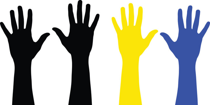 Hand vector illustration diverse colors and gestures representing unity and direction