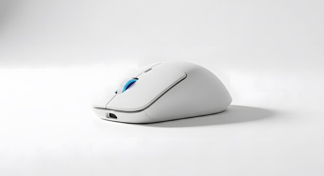 Minimalist white wireless mouse with blue scroll wheel on light background