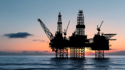 Obraz premium Oil rig platform silhouette at beautiful sunset