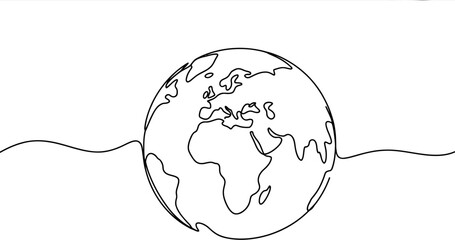 Globe Earth minimalist one-line vector illustration of world map in continuous line drawing isolated on white background © Well Done