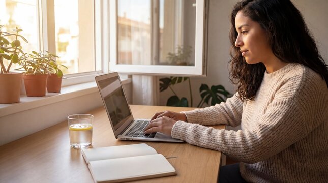 Woman working at laptop by sunny window with plants and warm light