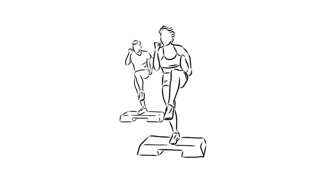 A minimalist line art illustration of two people stepping up in a fitness routine