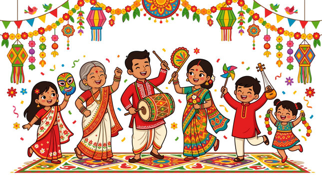 Happy Bengali Family Celebrating Poila Baisakh Festival in Festive Environment, Vibrant Cartoon Illustration