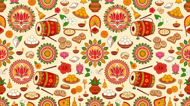 Bengali New Year Poila Baisakh seamless pattern with dhak and sweets on cream background vector